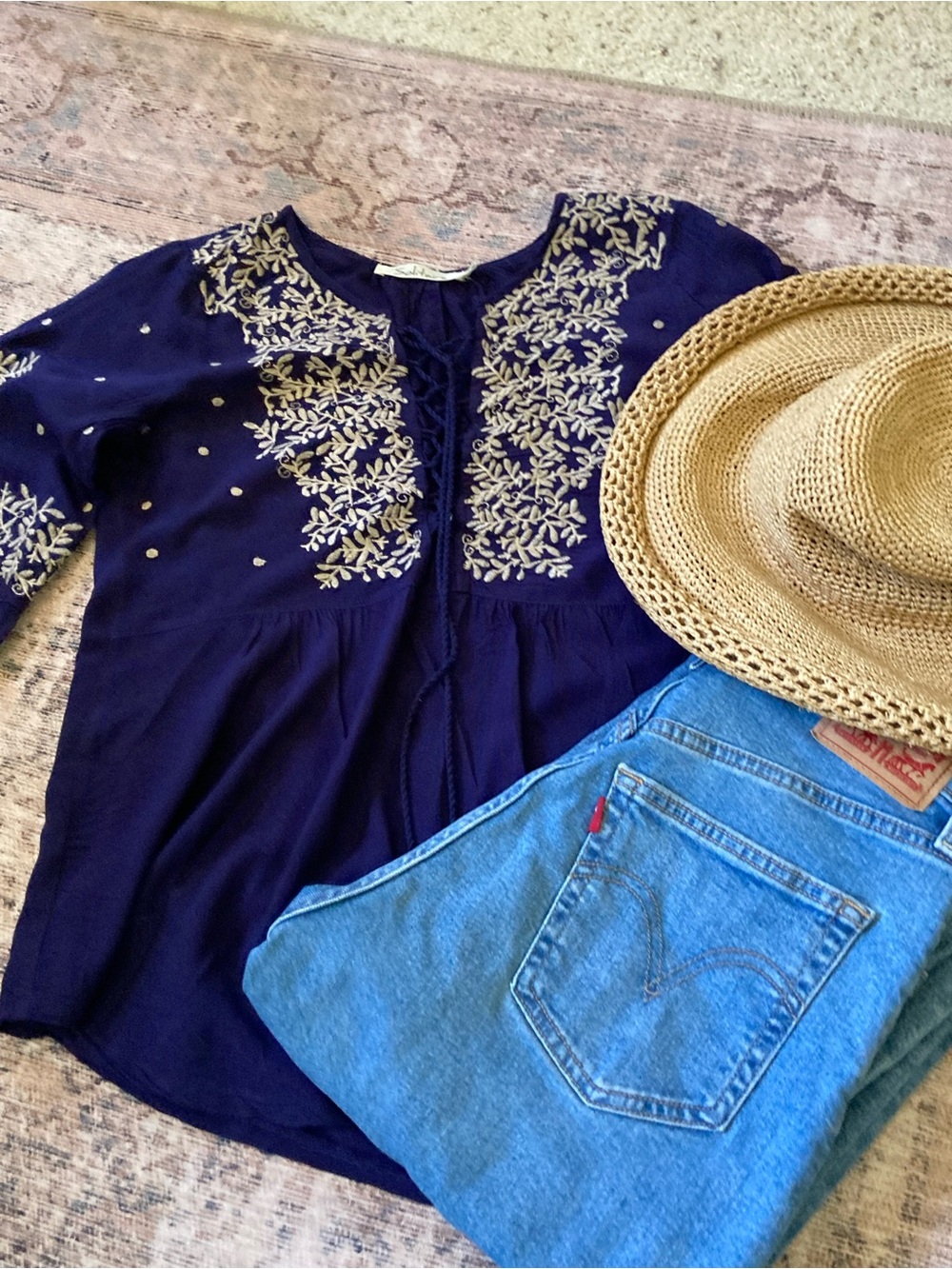 Navy, boho embroidered peasant top